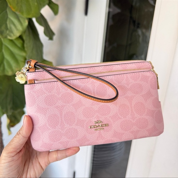 Coach Handbags - Coach Pink Signature Double Zip Wristlet with Gold Hardware